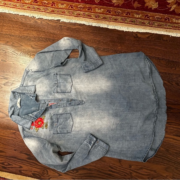 En Crème Embroidered Chambray Tunic Dress Boho Floral Denim Shirt Women L - Picture 3 of 14